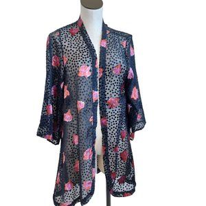 Floreat Sheer Velvet Polka Dot Roses Swimsuit Swim Cover Up Robe Cardigan OS